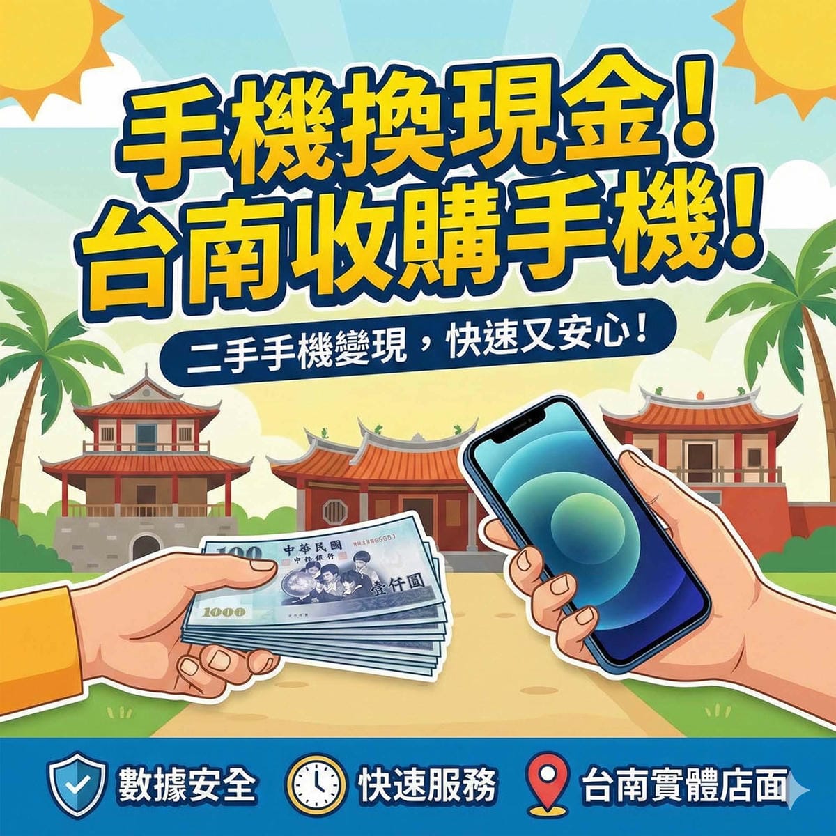 台南西門路實體門市進行手機換現金的安全交易 / Safe mobile phone for cash transaction at a physical store on Ximen Road in Tainan.